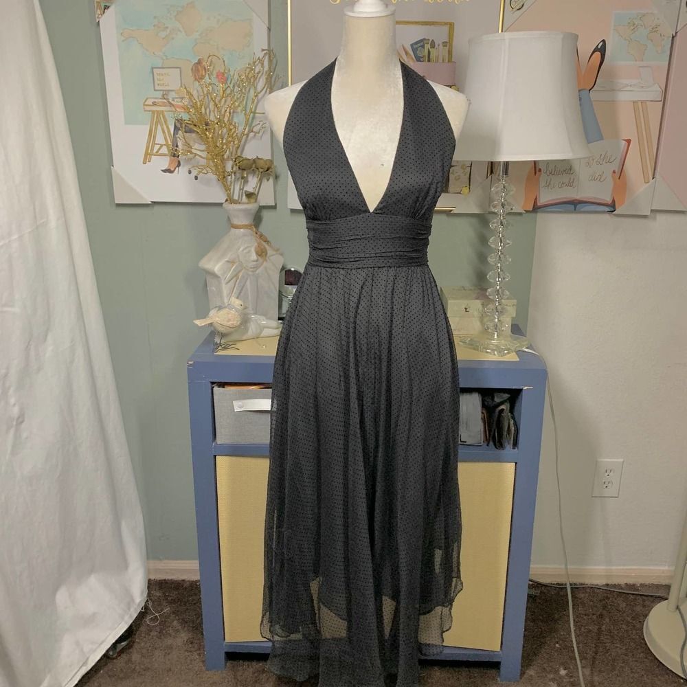 NOTICE 100% silk Swiss dot halter maxi dress black sz 4 or xs made in USA